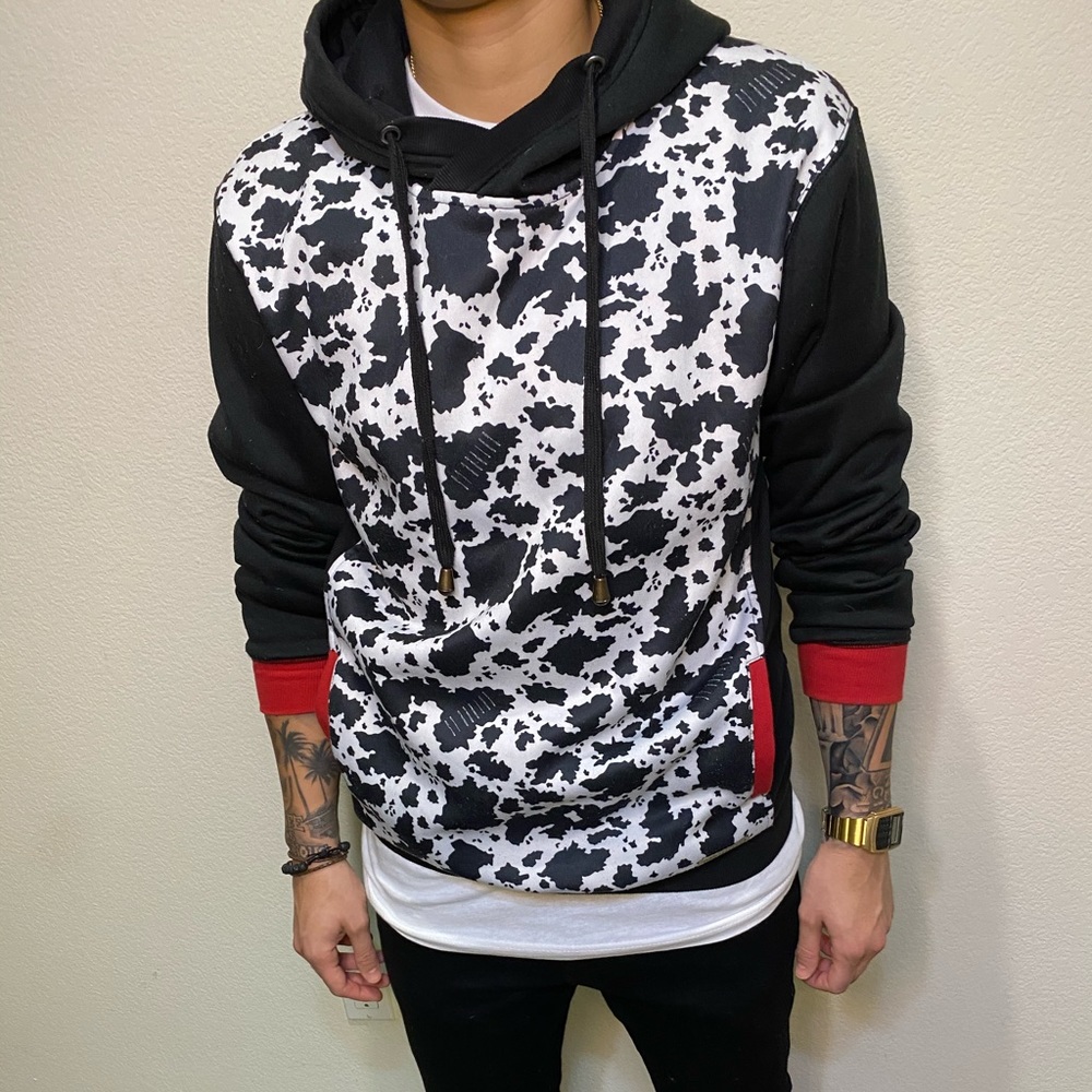 Black/white cow print hoodie sweater